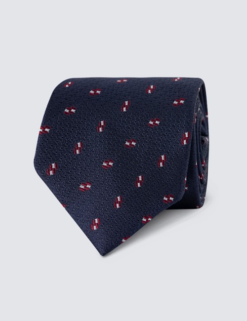 Men's Navy Contrast Print Tie - 100% Silk
