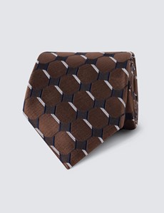 Men's Brown Geometric Square Print Tie - 100% Silk