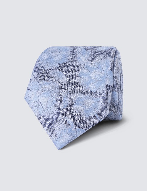 Men's Blue Tonal Floral Print Tie - 100% Silk