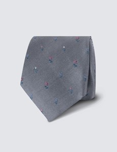 Men's Grey Floral Print Tie - 100% Silk