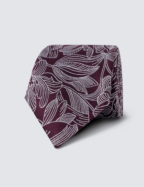 Men's Wine & White Floral Print Tie - 100% Silk
