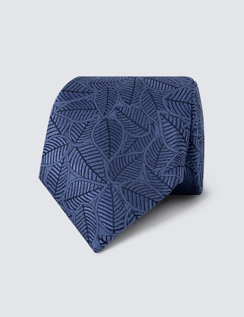 Men's Blue Tonal Leaves Print Tie - 100% Silk