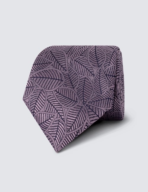 Men's Light Pink Tonal Leaves Print Tie - 100% Silk