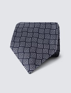 Men's Navy & White Geometric Print Tie - 100% Silk