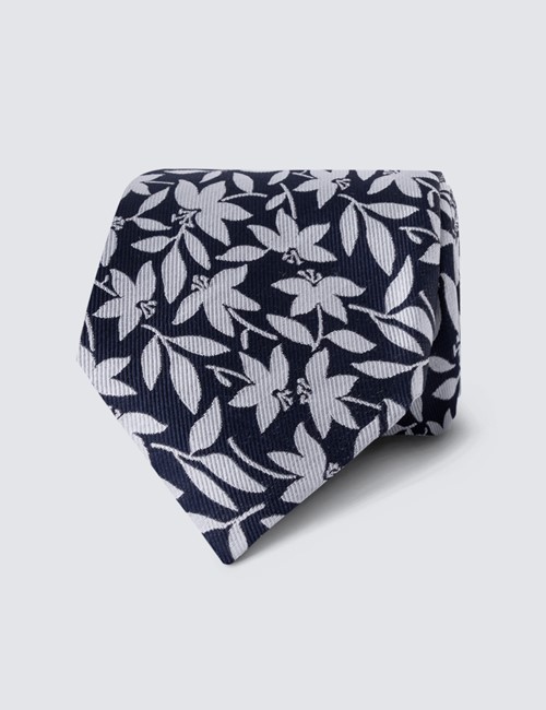 Krawatte – Seide – Standardbreite – navy weiß Blumen