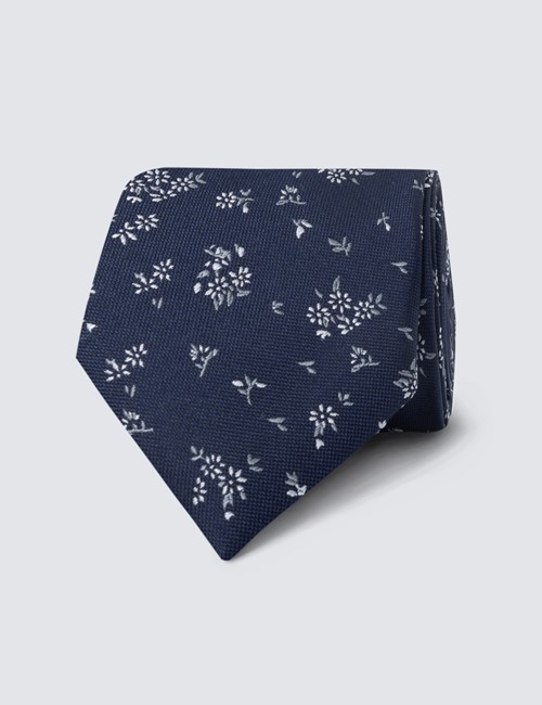 Krawatte – Seide – schmal – blau weiß Blümchen