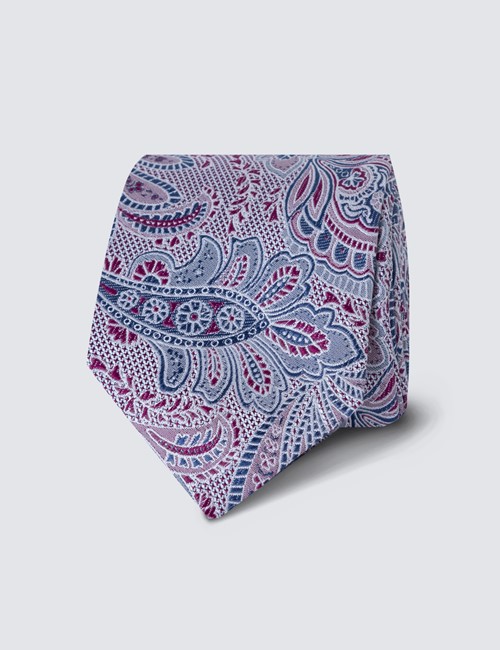 Men's Pink Light Contrast Paisley Print Tie - 100% Silk