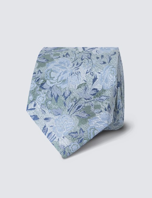 Men's Green Muted Floral Print Tie - 100% Silk