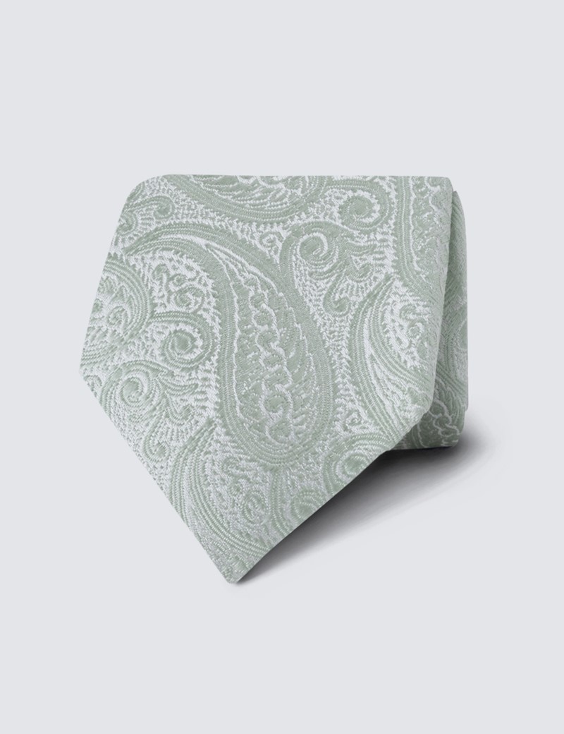 Men's Luxury Light Green Paisley Tie - 100% Silk
