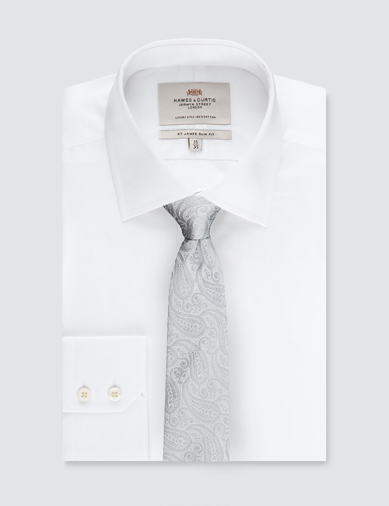 Men's Luxury Silver Paisley Tie - 100% Silk