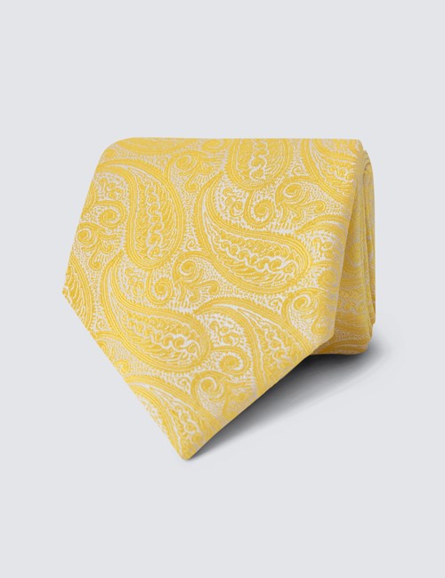 Men's Luxury Yellow Paisley Tie - 100% Silk