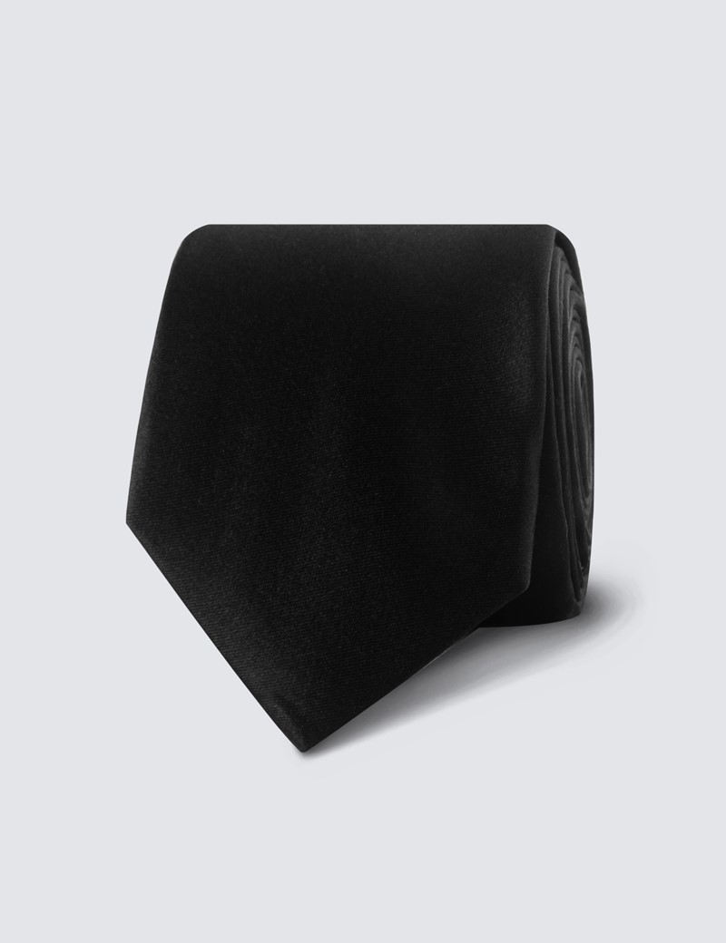 Men's Black Plain Slim Tie - 100% Silk
