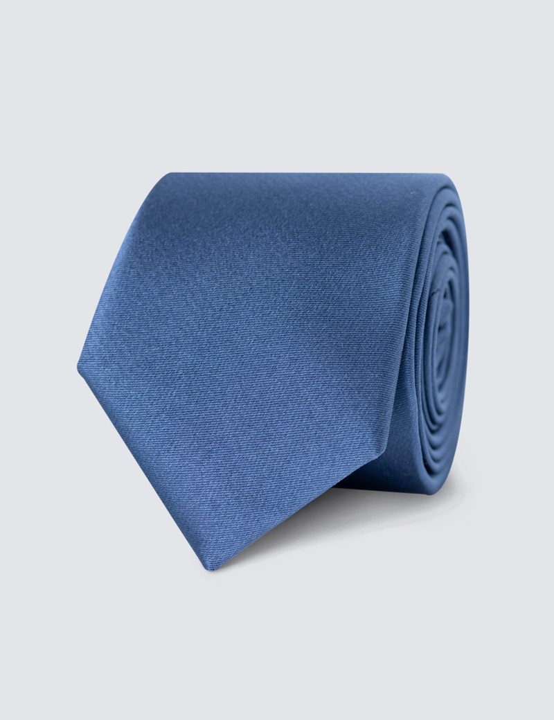 Men's Plain Blue Slim Tie - 100% Silk