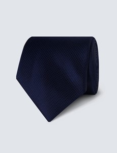 Men's Plain Navy Basket Weave 100% Silk Tie