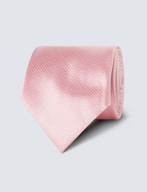 Men's Plain Pink Basket Weave 100% Silk Tie