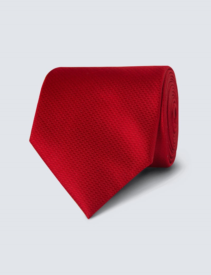 Men's Plain Red Basket Weave 100% Silk Tie
