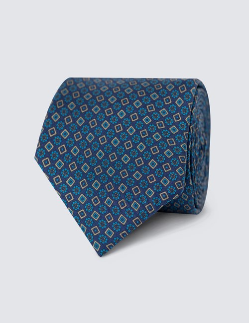Men's Blue Geometric Printed Tie - 100% Silk