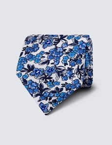 Men's White & Blue Floral Print Tie - 100% Silk