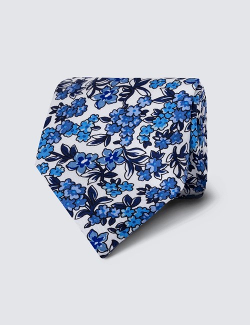 Men's White & Blue Floral Print Tie - 100% Silk