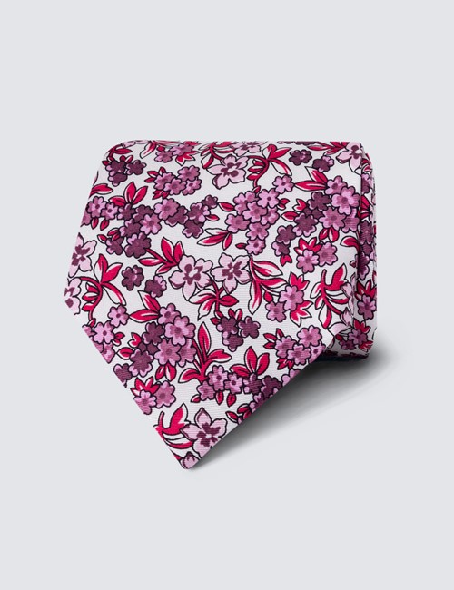 Krawatte – Seide – Standardbreite – weiß rosa Blümchen
