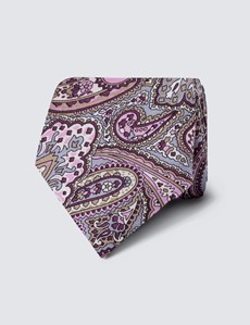 Men's Pink & Grey Paisley Print Tie - 100% Silk