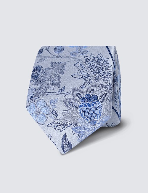 Grey & Blue Light Floral Tie - 100% Silk