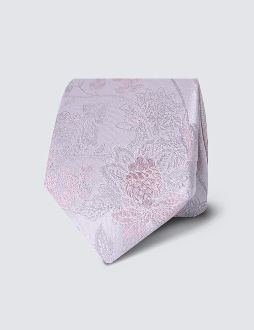 Krawatte – Seide – Schmal – creme rosa Floraler Print 