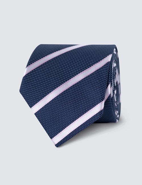 Men's Navy and Pink College Stripe Tie - 100% Silk