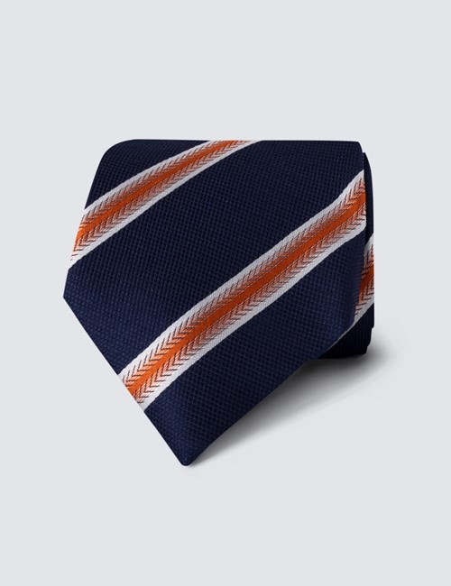 Men's Navy & Orange Wide Stripe Tie - 100% Silk