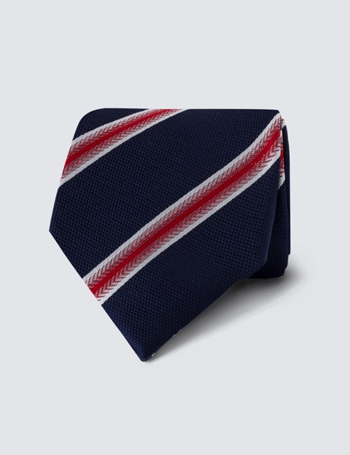 Men's Navy & Red Wide Stripe Tie - 100% Silk