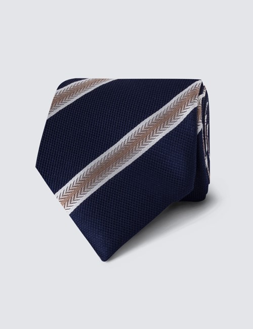 Men's Navy & Brown Wide Stripe Tie - 100% Silk