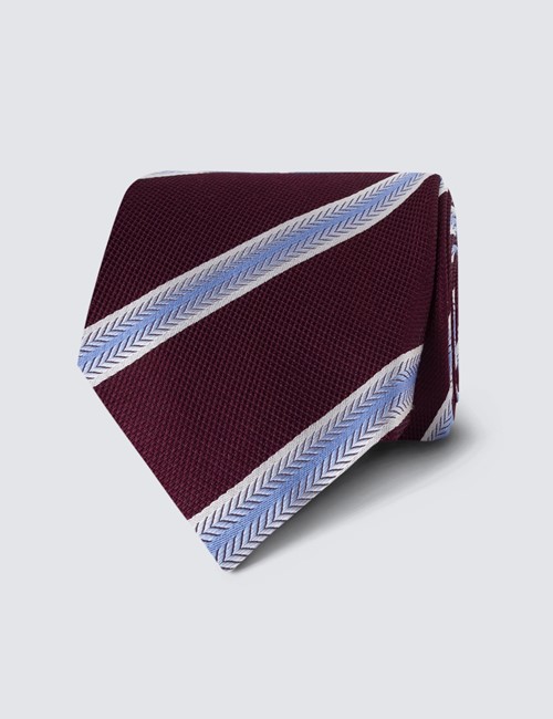 Men's Wine & Light Blue Wide Stripe Tie - 100% Silk