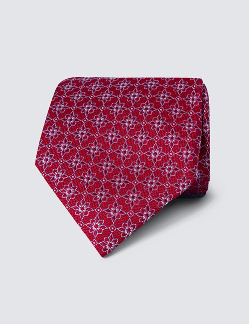 Men's Red Geometric Floral Print Tie - 100% Silk