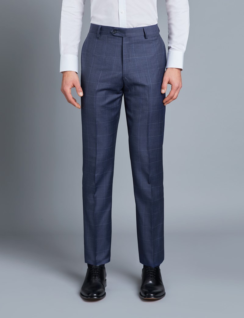 Men's Navy & Blue Windowpane Check Tailored Fit Italian Suit Trousers ...
