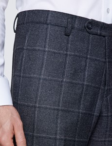 Anzughose - Tailored Fit - Windowpane grau - 100s Wolle - Ohne Bundfalte - Ungesäumt 