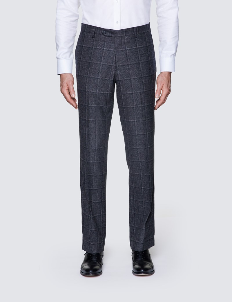 Men's Dark Grey Windowpane Check Tailored Fit Italian Suit Trousers - 1913 Collection