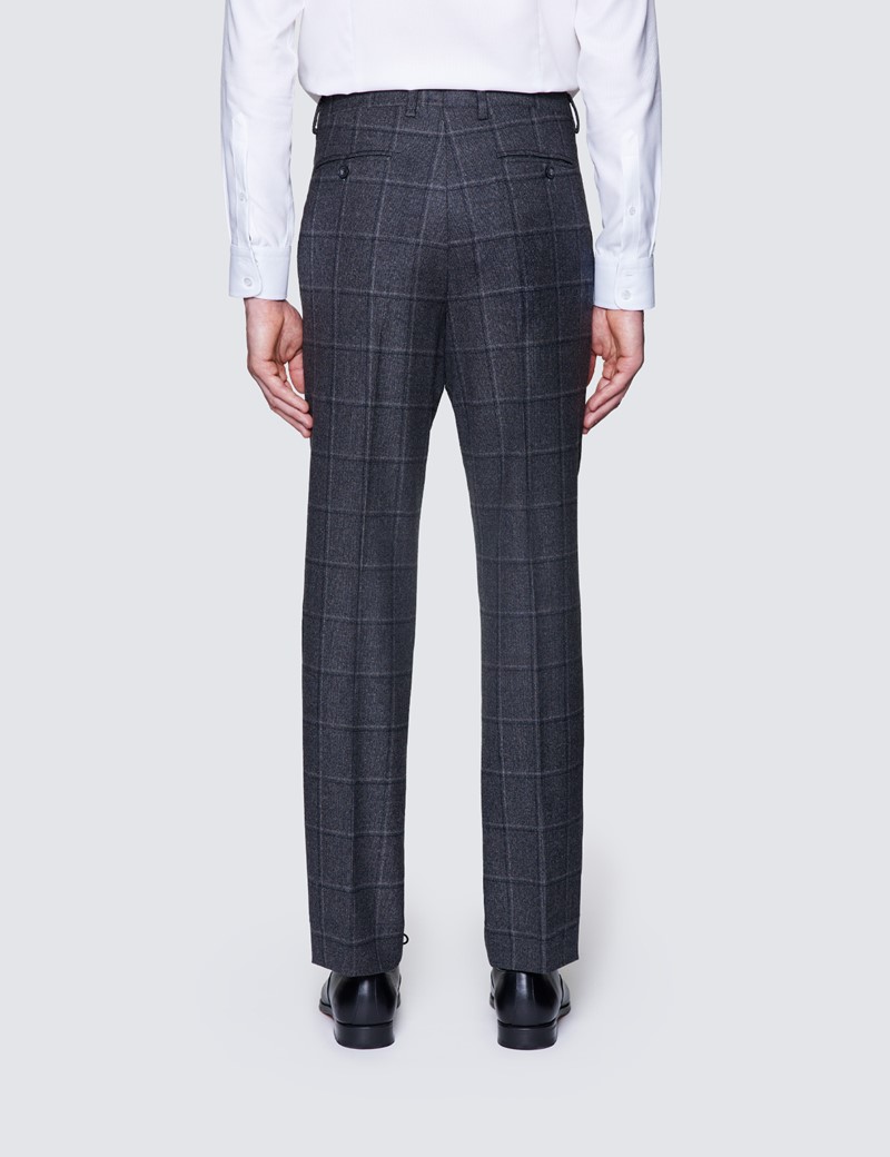 Men's Dark Grey Windowpane Check Tailored Fit Italian Suit Pants - 1913 Collection