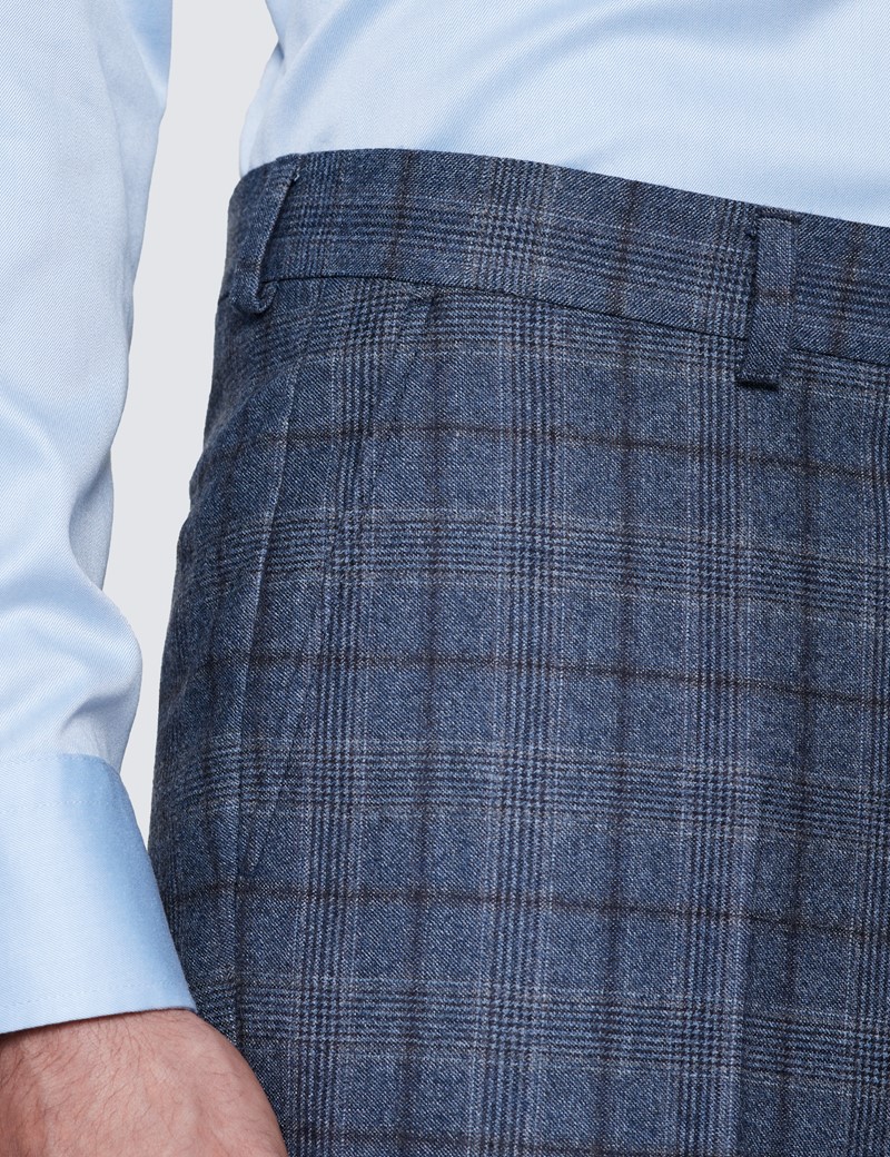Anzughose - Tailored Fit - blau braun Prince of Wales Karo - 130s Wolle - Ohne Bundfalte - Ungesäumt