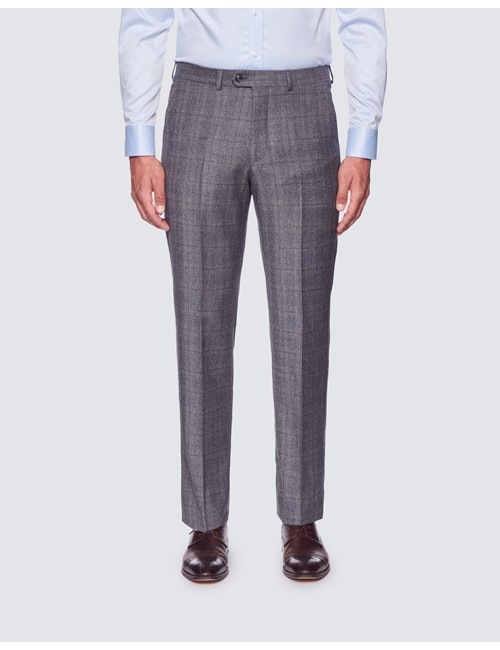 Men’s Grey & Brown Prince Of Wales Plaid Tailored Fit Italian Suit Pants - 1913 Collection