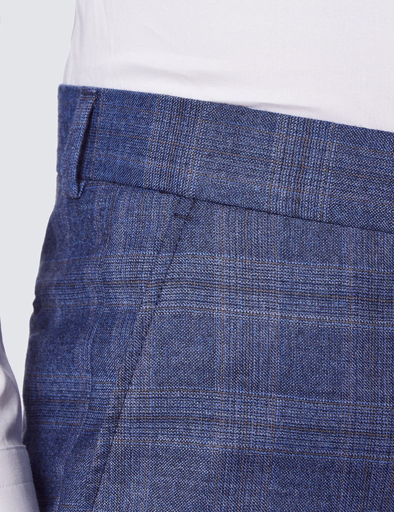 Anzughose – ungesäumt – 120s Wolle – Tailored Fit – blau braun Prince of Wales Karo