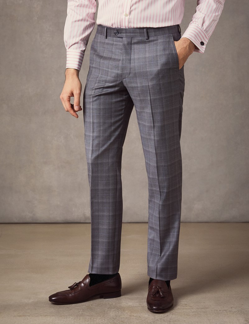 Men's Grey & Blue Prince Of Wales Plaid Tailored Fit Italian Suit Pants ...