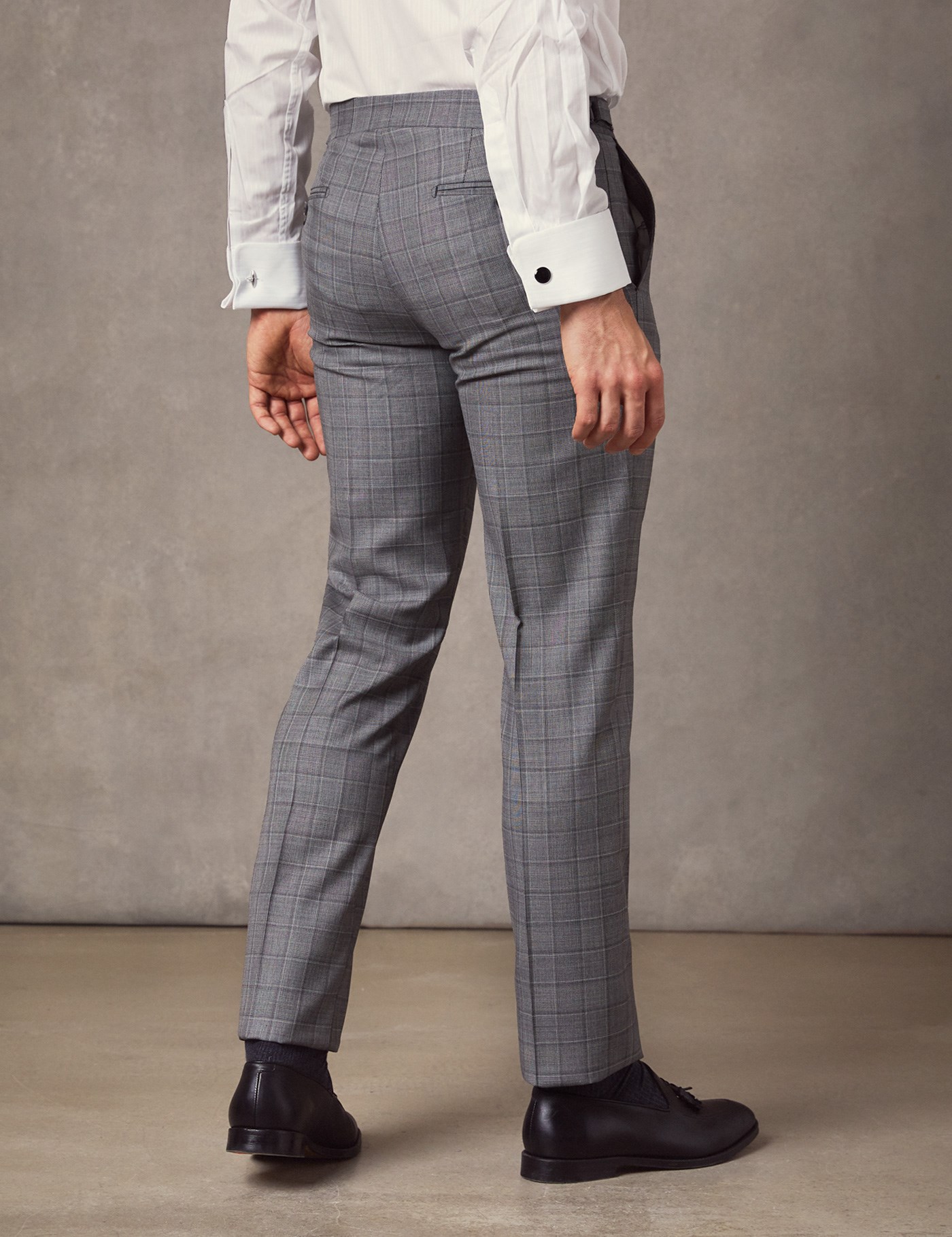 Men's Light Grey Medium Plaid Slim Fit Italian Suit Pants 1913 Collection Hawes and Curtis