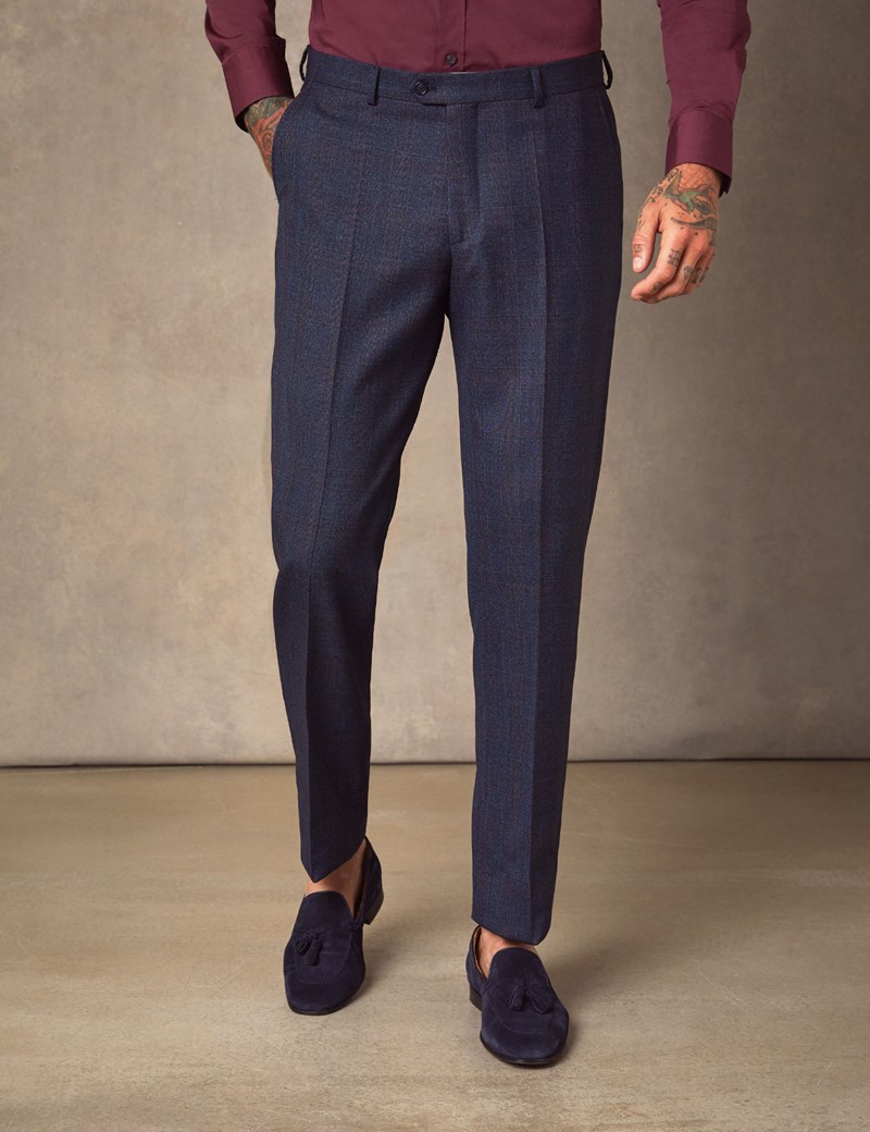 Men's Navy & Red Windowpane Check Tailored Fit Italian Suit Trousers ...