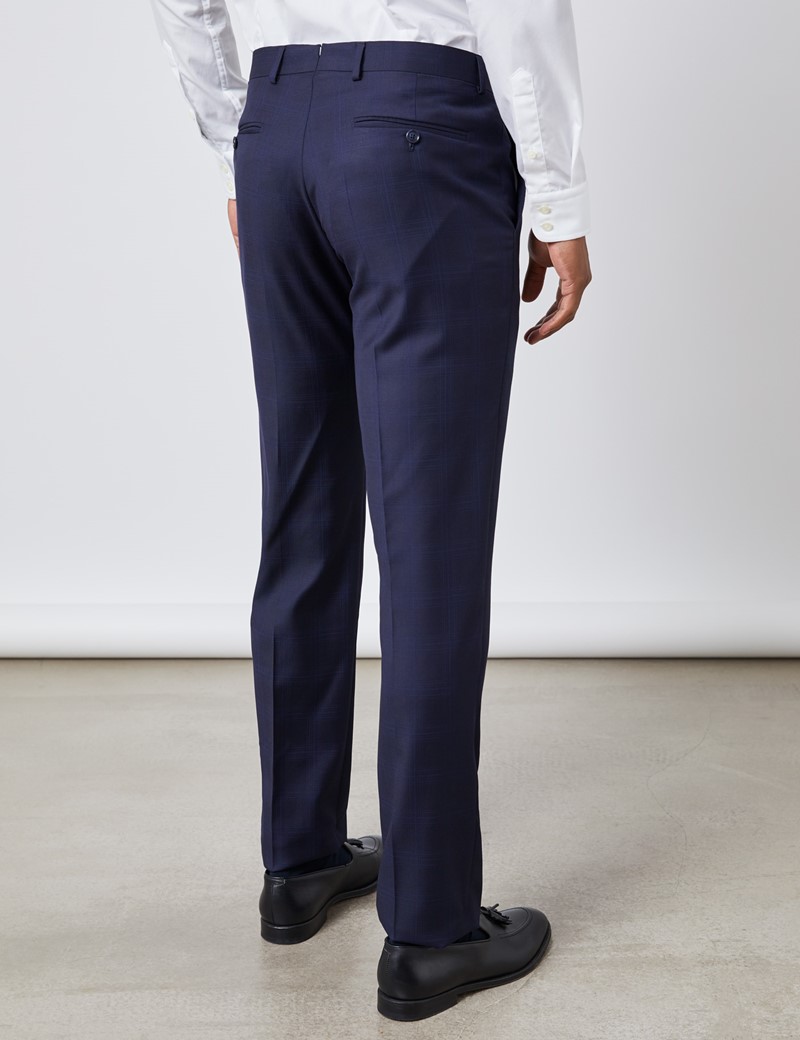 Men's Navy Prince Of Wales Check Tailored Fit Italian Suit Trousers ...