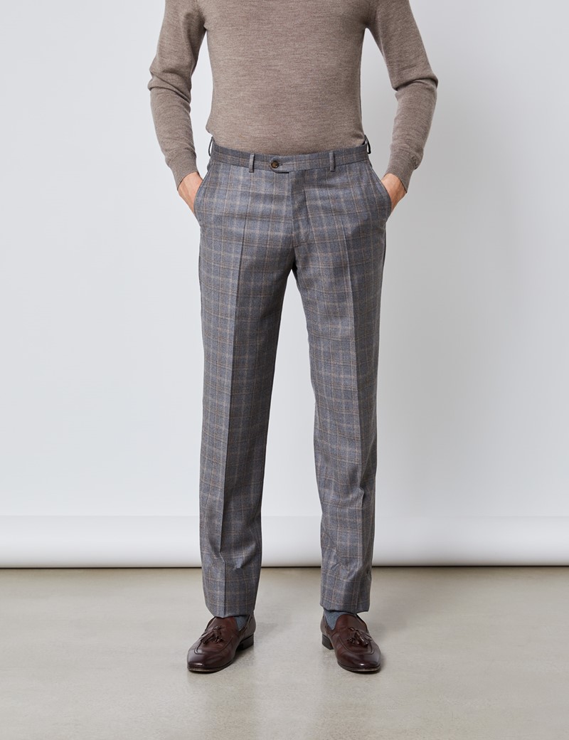 Men's Grey & Brown Subtle Check Tailored Fit Italian Suit Trousers ...