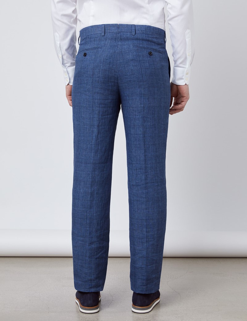 Men's Blue Check Linen Slim Fit Italian Suit Trousers | Hawes & Curtis