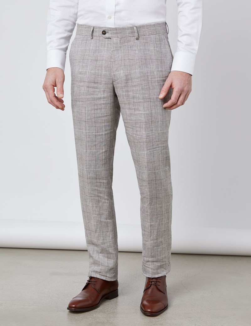 Men's Brown Plaid Linen Slim Fit Italian Suit Pants | Hawes & Curtis