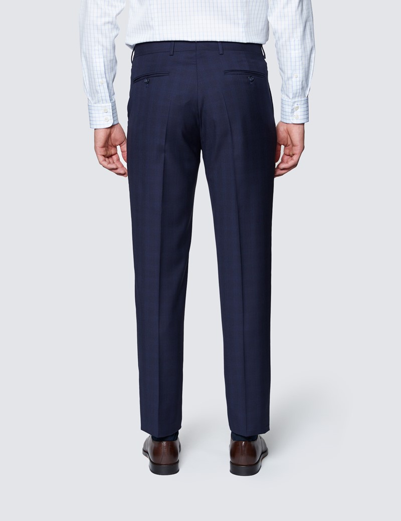 Men's Navy Tonal Check Tailored Fit Italian Suit Trousers - 1913 Collection