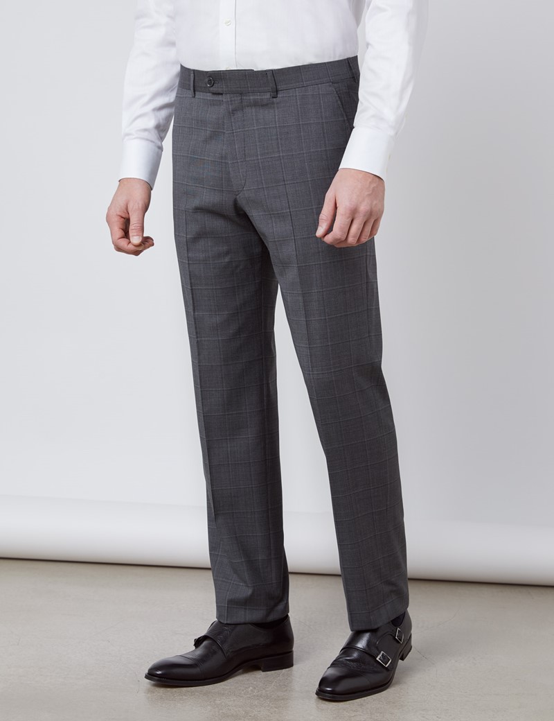 Men's Dark Grey Tonal Check Tailored Fit Italian Suit Trousers - 1913 ...