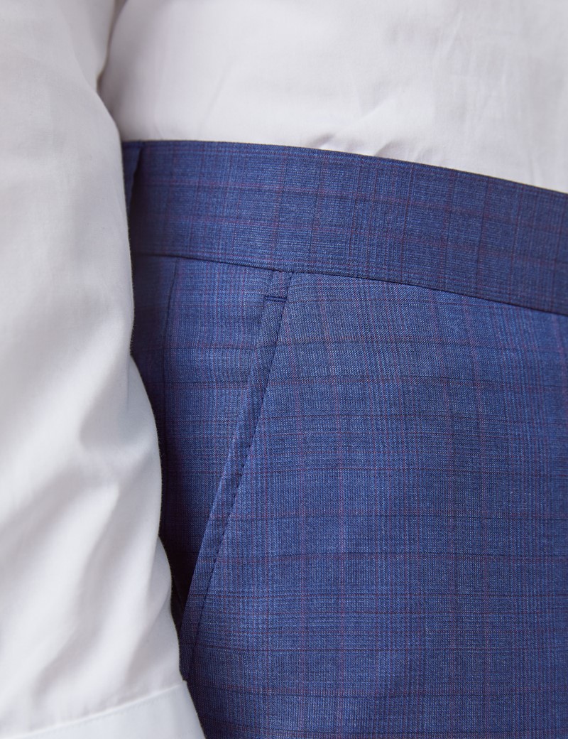 Men's Blue & Purple Grid Plaid Tailored Fit Italian Suit Pants - 1913 Collection
